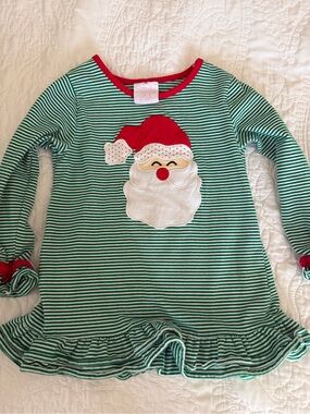Stitchy Fish- Girls Green & White Striped Santa Applique Long Sleeve Top